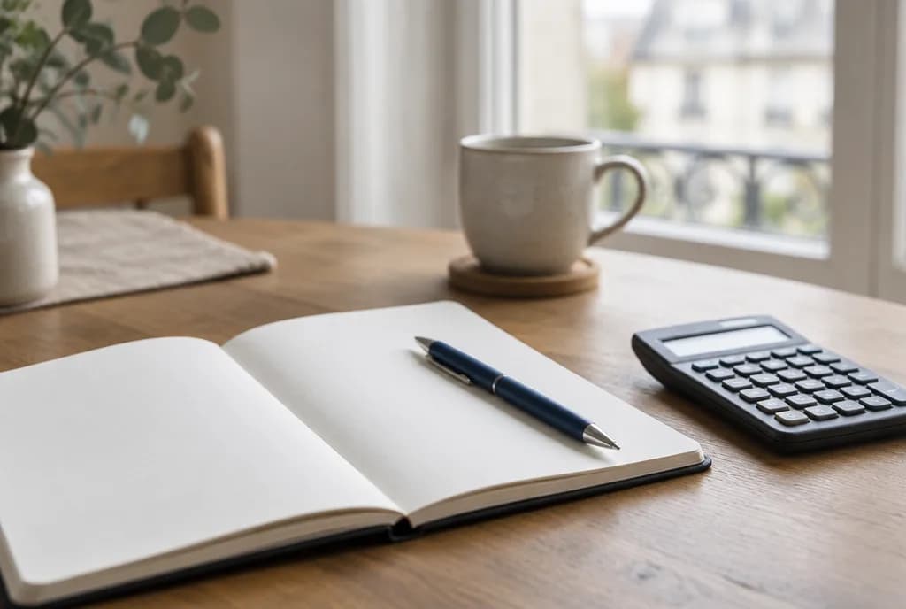 Carnet et calculatrice sur une table
